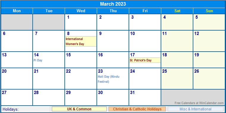 Free March 2023 Calendar With Holidays HolidayCalendars