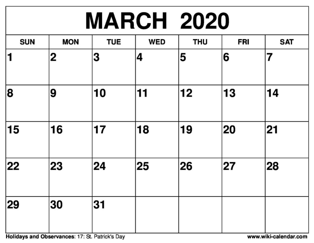 Free Printable March 2020 Calendars