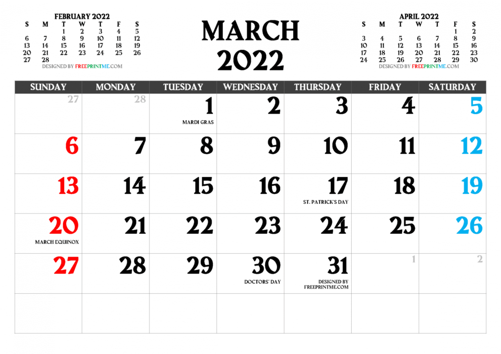 Free Printable March 2022 Calendar PDF And Image