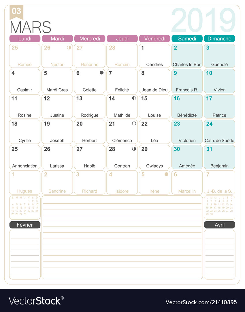 French Calendar March 2019 Royalty Free Vector Image