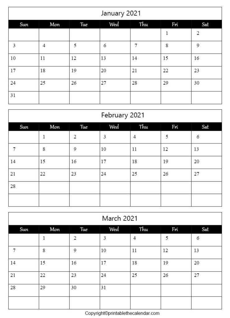 Jan Feb March 2021 Calendar Free Letter Templates