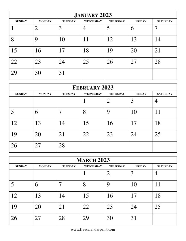 January February March 2023 Calendar Printable