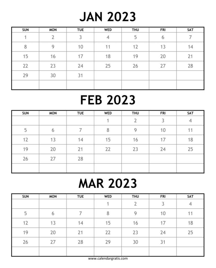 January February March 2023 Calendar Printable Three Month Calendar