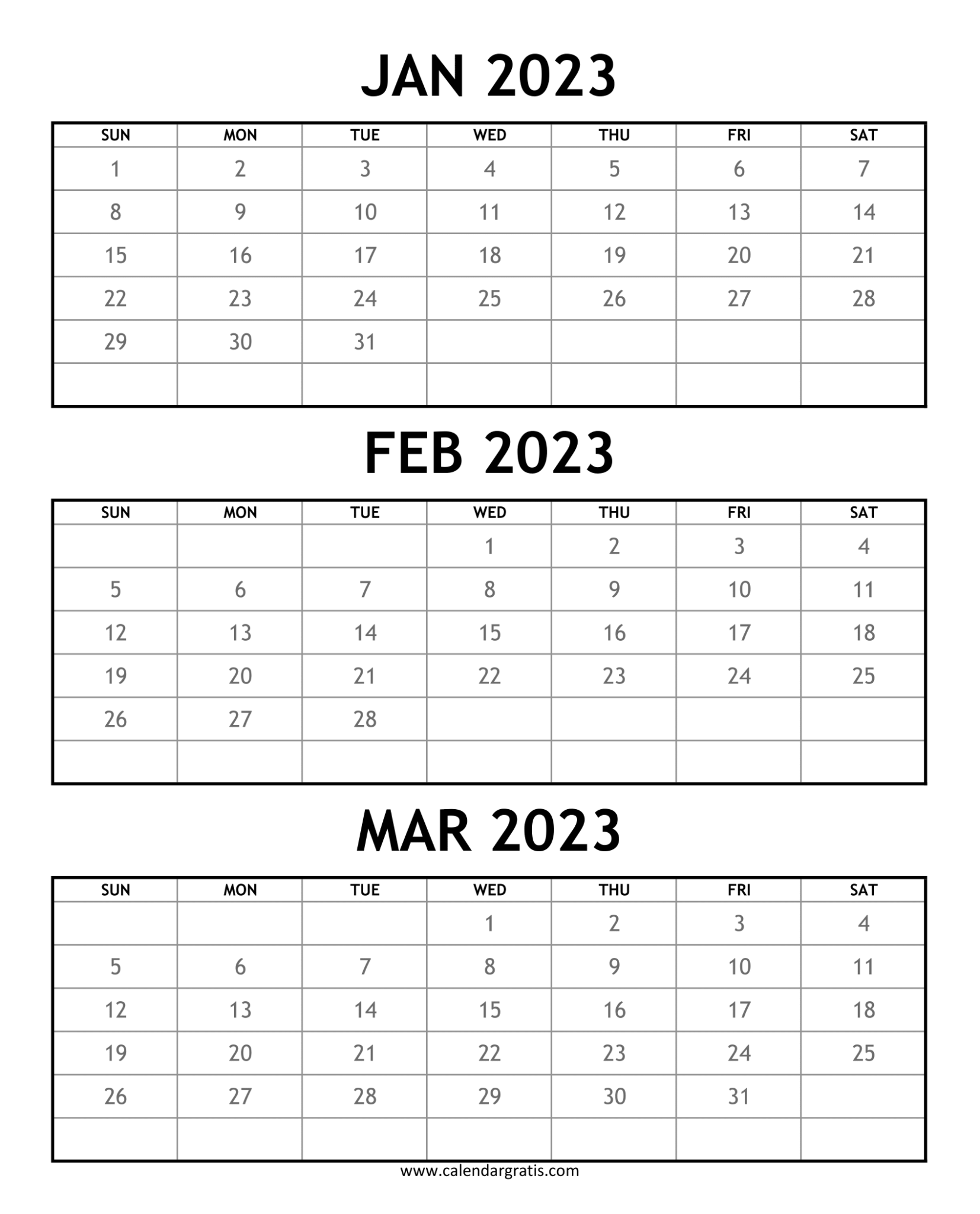 January February March 2023 Calendar Printable Three Month Calendar