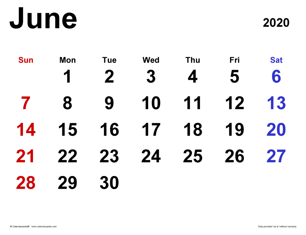 June 2020 Calendar Templates For Word Excel And PDF