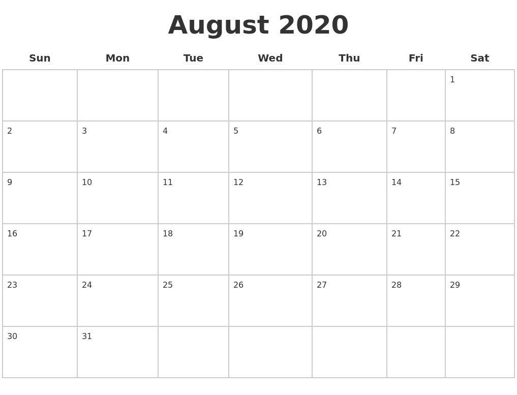 June August 2020 Blank Clanedars Calendar Template Printable