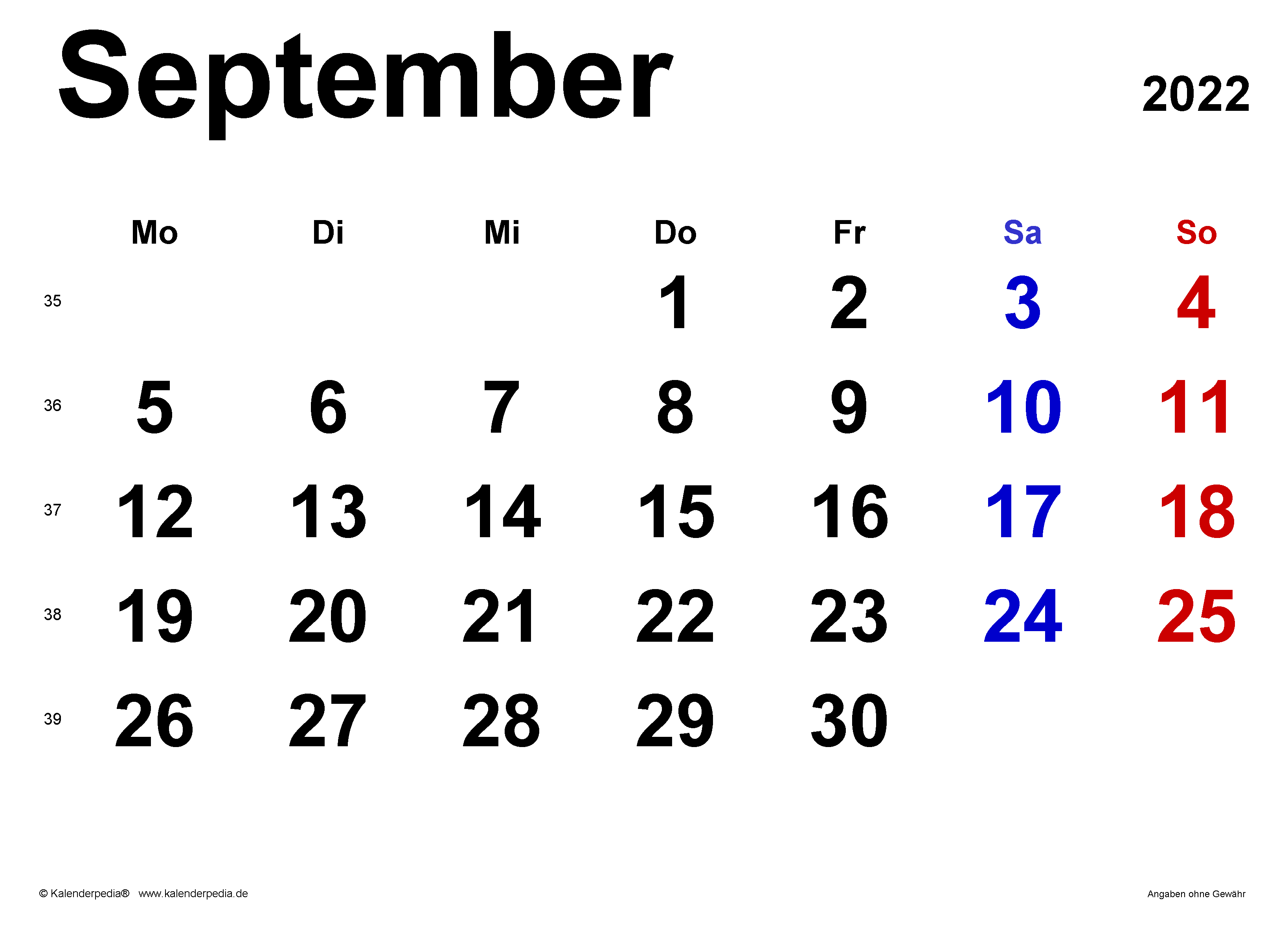 Kalender September 2022 Als PDF Vorlagen