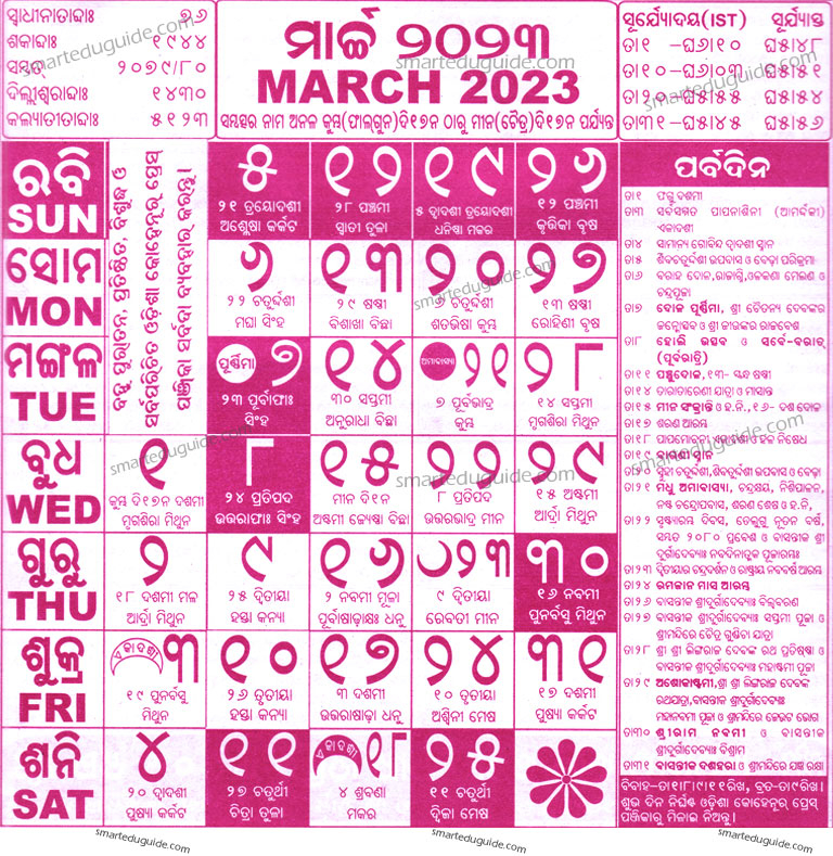 Kohinoor Odia Calendar 2023 March