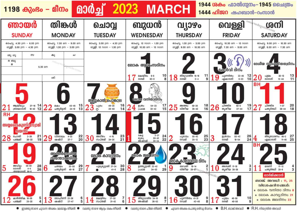 Malayalam Calendar 2023 March