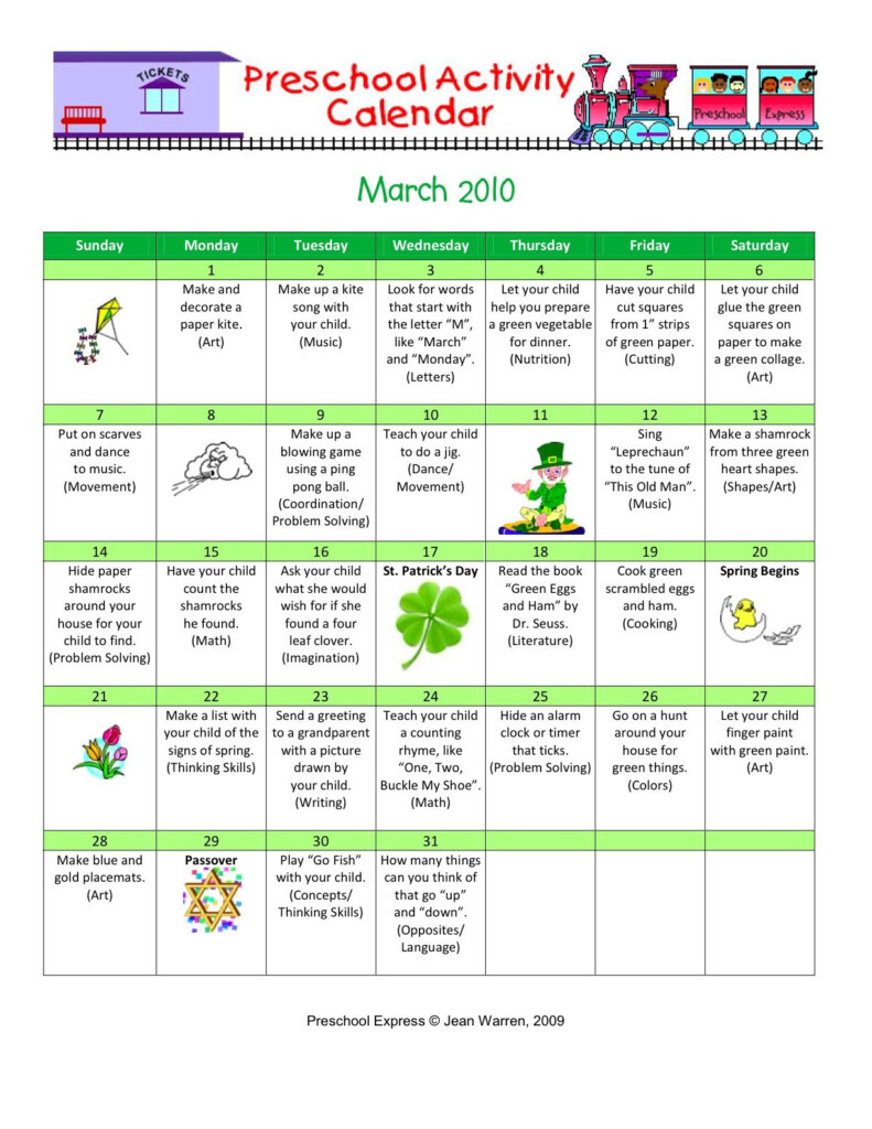 March 2 2010 Preschool Activity Calendar Pre K 4 Mrs Borden s 