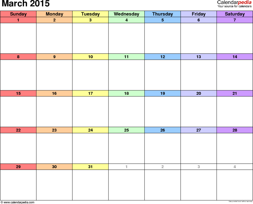 March 2015 Calendar Templates For Word Excel And PDF