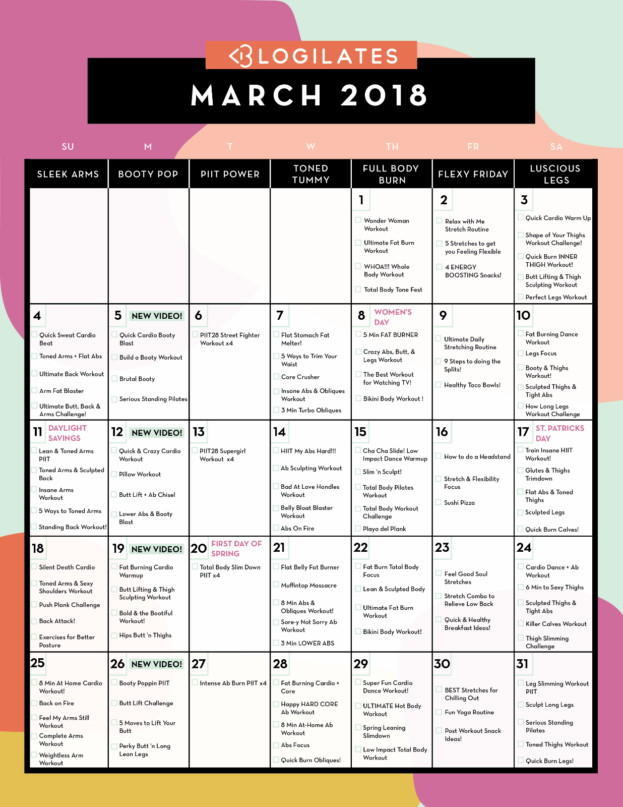 March 2018 Workout Calendar Blogilates