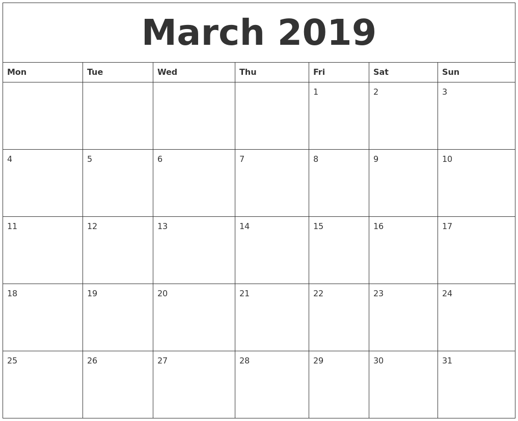 March 2019 Word Calendar