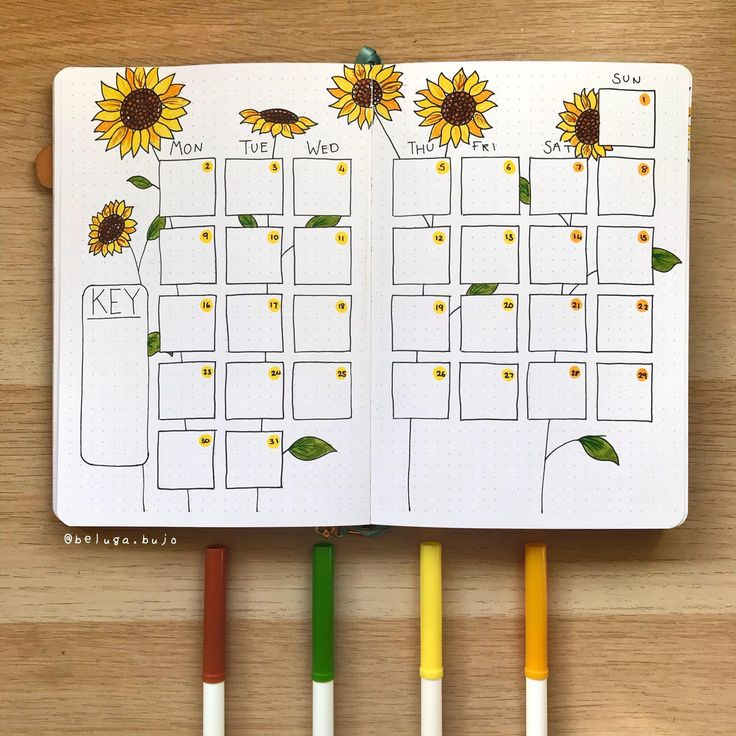 March 2020 BUJO Calendar Sunflower Theme Bullet Journal Inspiration