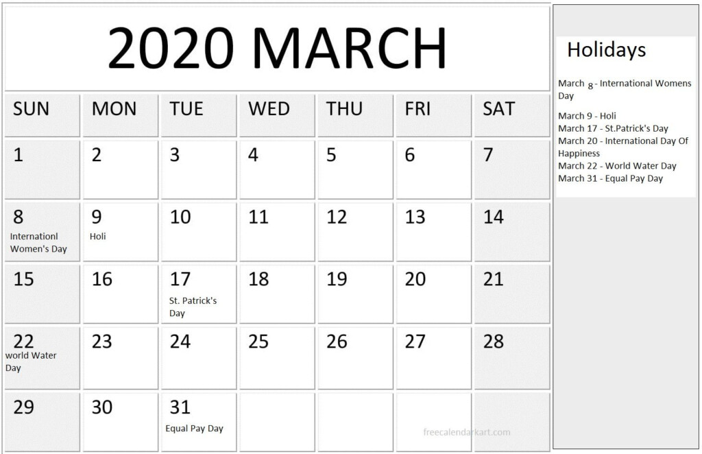 March 2020 Holidays Calendar March Holidays Holiday Calendar 