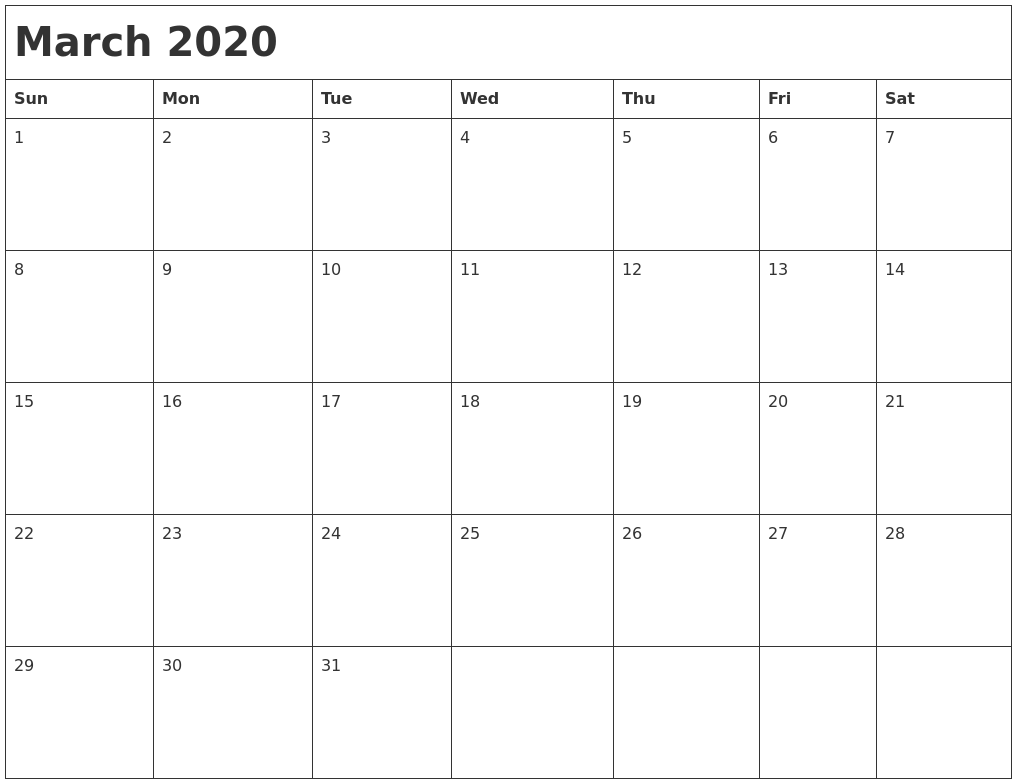 March 2020 Month Calendar