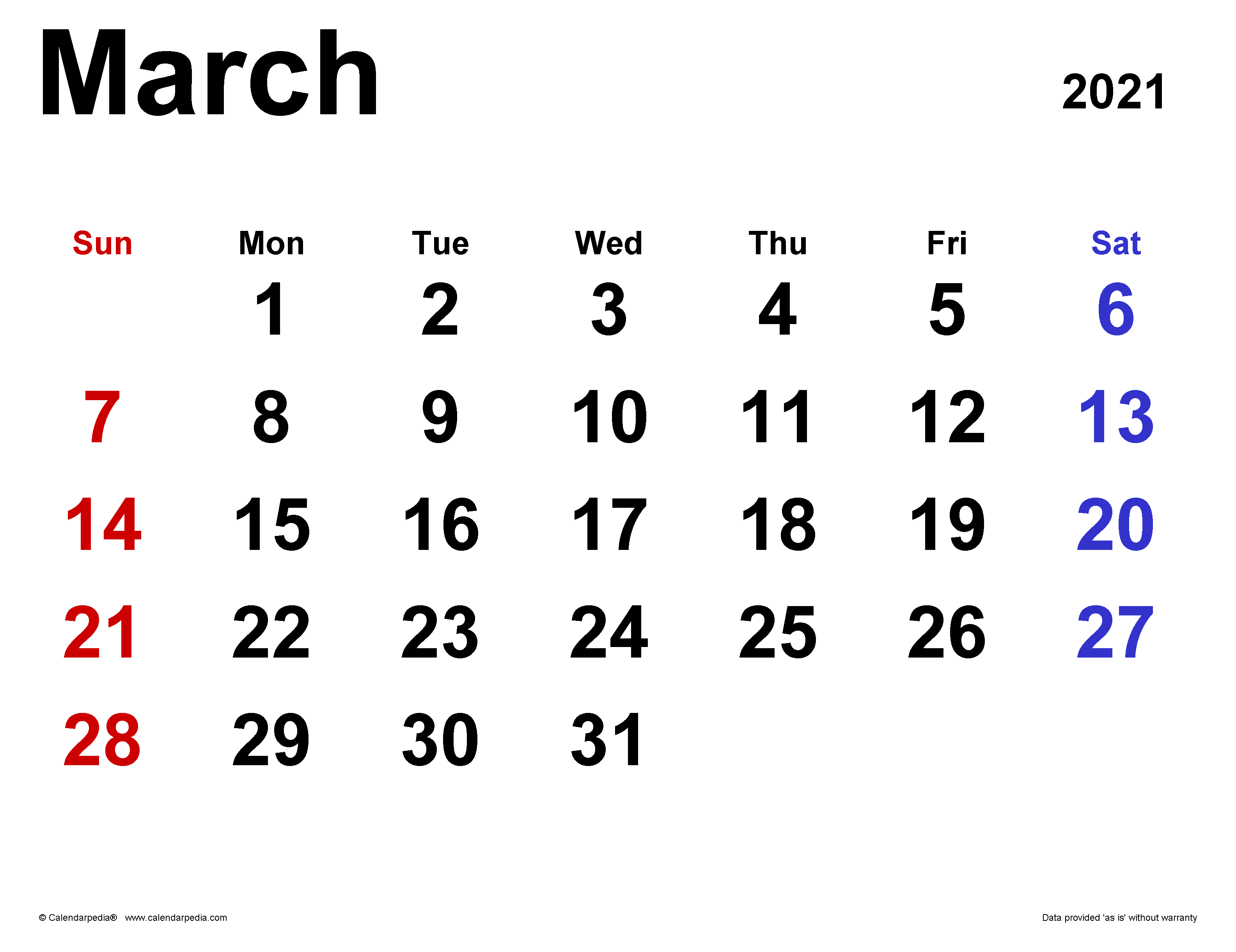 March 2021 Calendar Templates For Word Excel And PDF