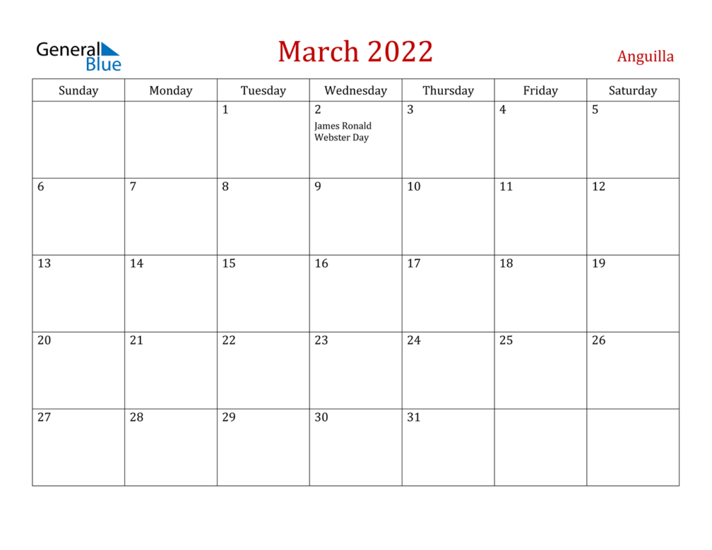 March 2022 Calendar Anguilla