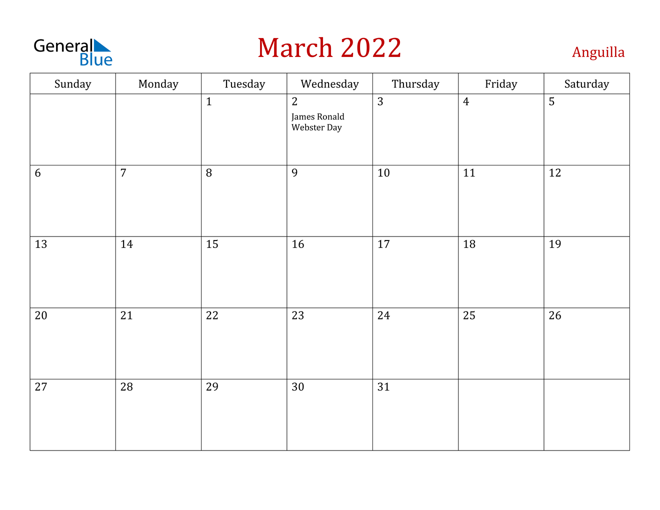 March 2022 Calendar Anguilla