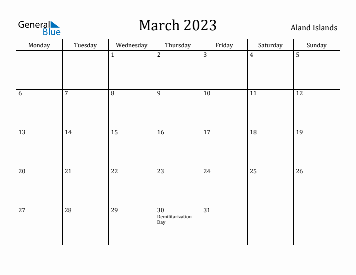 March 2023 Aland Islands Monthly Calendar With Holidays