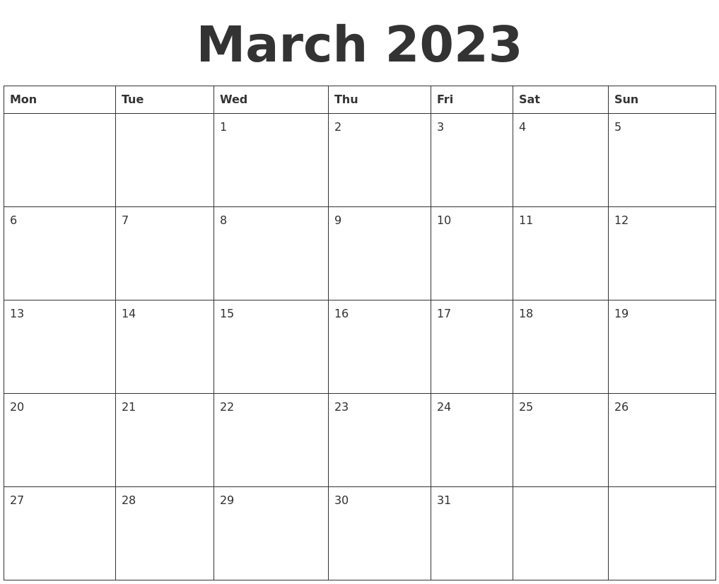 March 2023 Blank Calendar Template