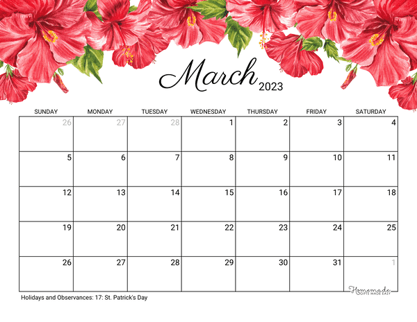 March 2023 Calendar Free Printable With Holidays