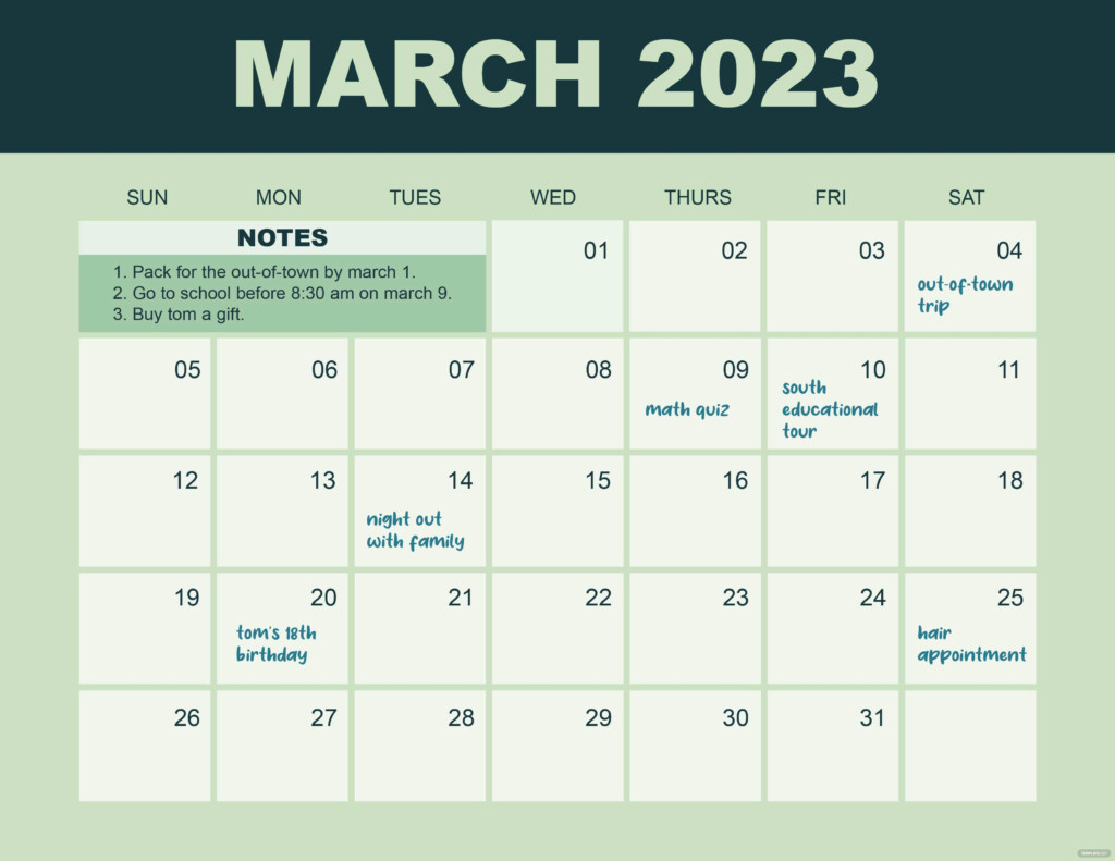 March 2023 Calendar Template Google Docs Illustrator Word Apple 