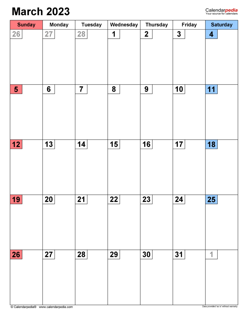 March 2023 Calendar Templates For Word Excel And PDF