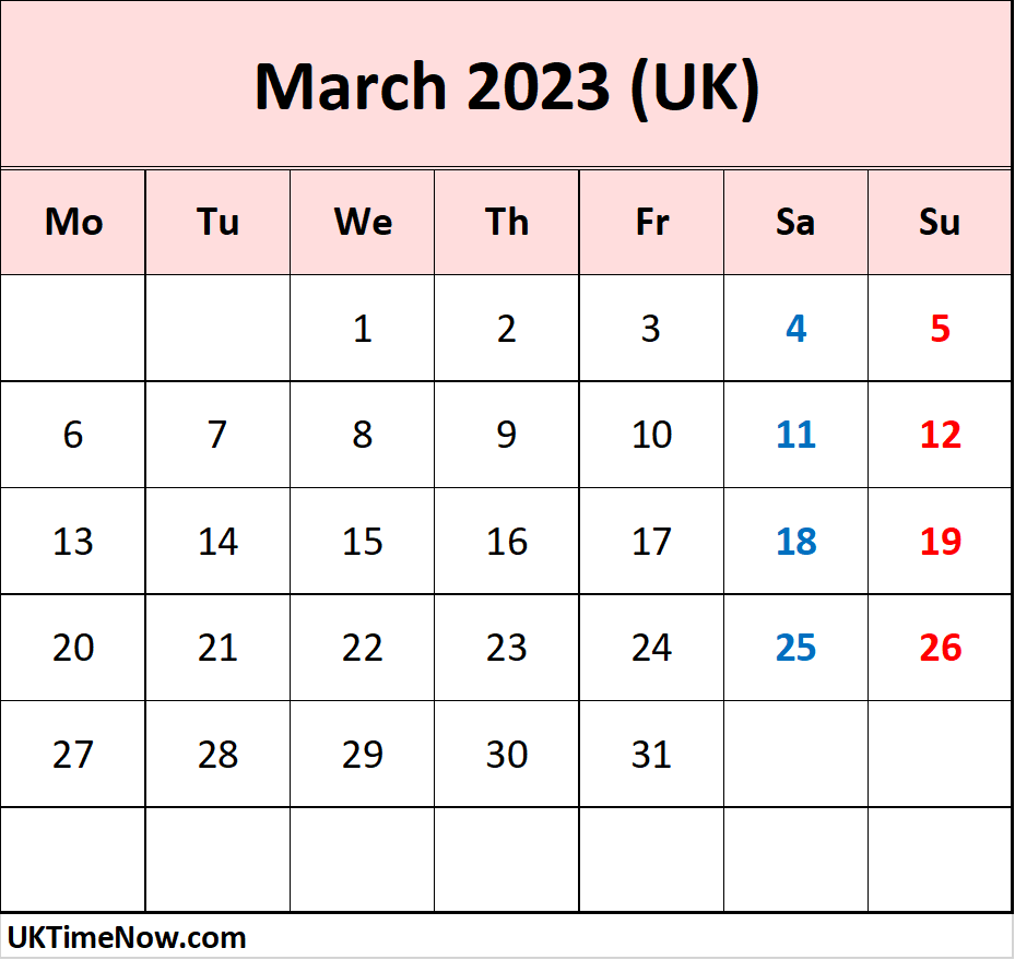 March 2023 Calendar UK UK Bank Holidays March 2023