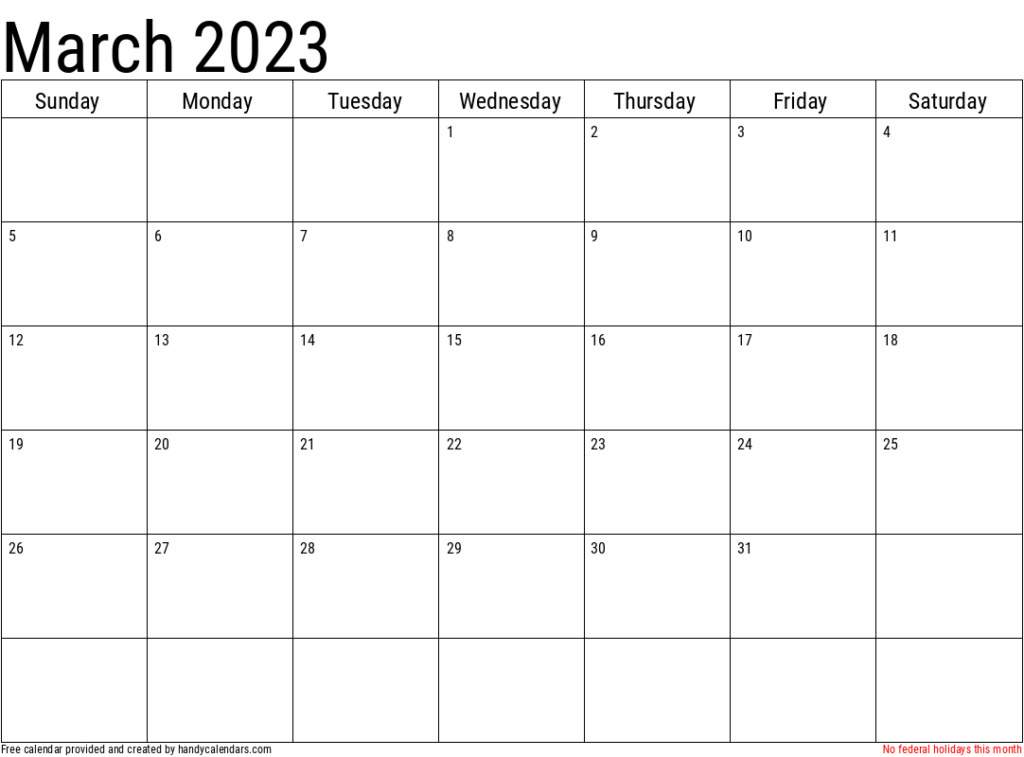 March 2023 Calendar With Holidays Handy Calendars