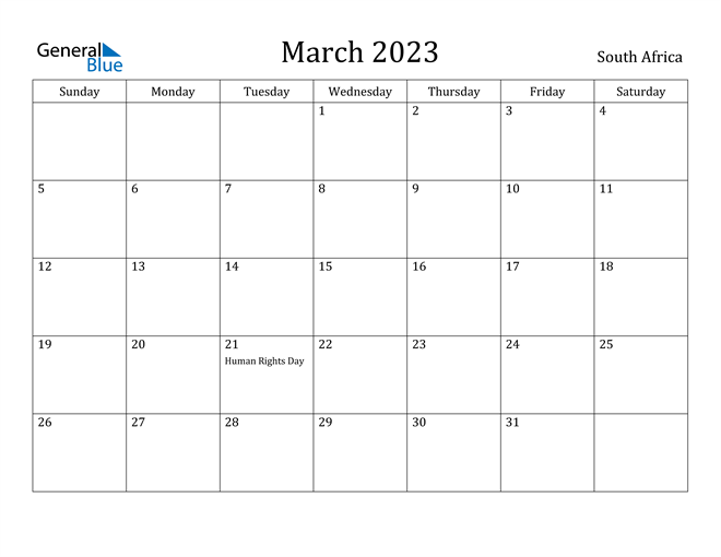 March 2023 Calendar With South Africa Holidays