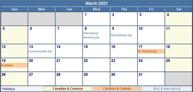 March 2023 Canada Calendar With Holidays For Printing image Format 