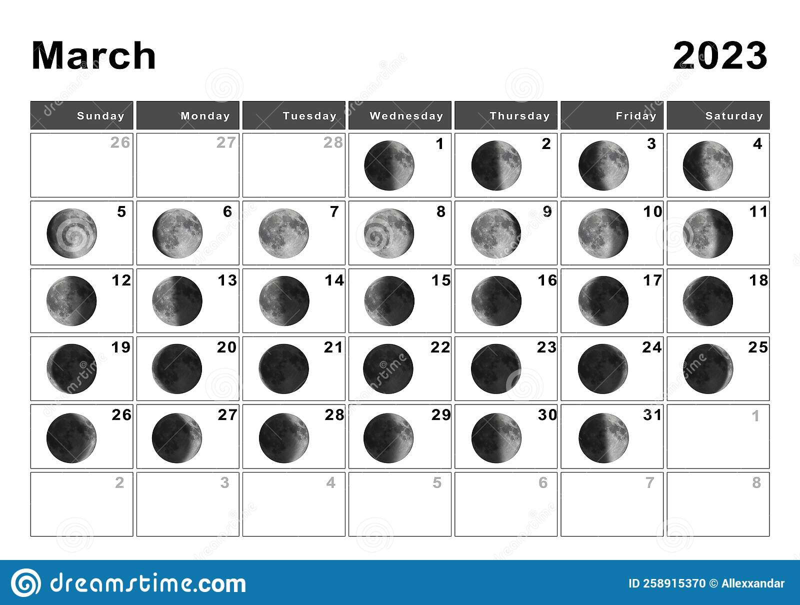 March 2023 Lunar Calendar Moon Cycles Stock Illustration