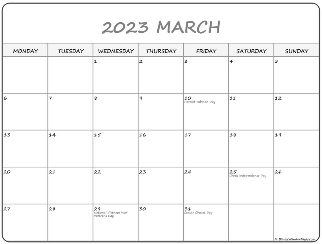 March 2023 Monday Calendar Monday To Sunday