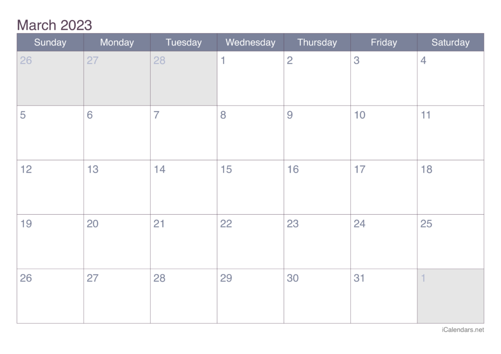 March 2023 Printable Calendar Icalendars