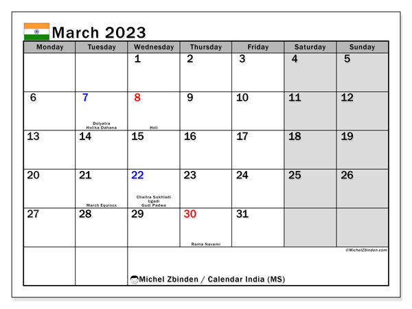 March 2023 Printable Calendar India MS Michel Zbinden IN