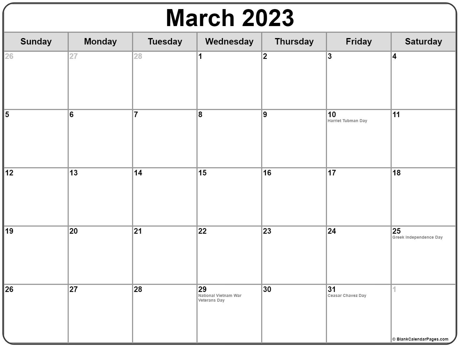 March 2023 With Holidays Calendar