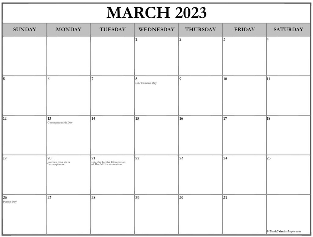 March 2023 With Holidays Calendar