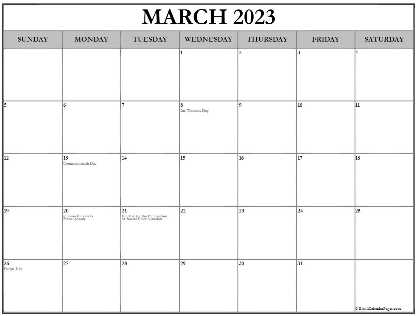 March 2023 With Holidays Calendar