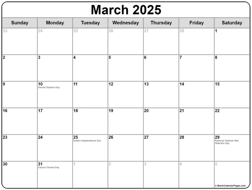 March 2025 With Holidays Calendar