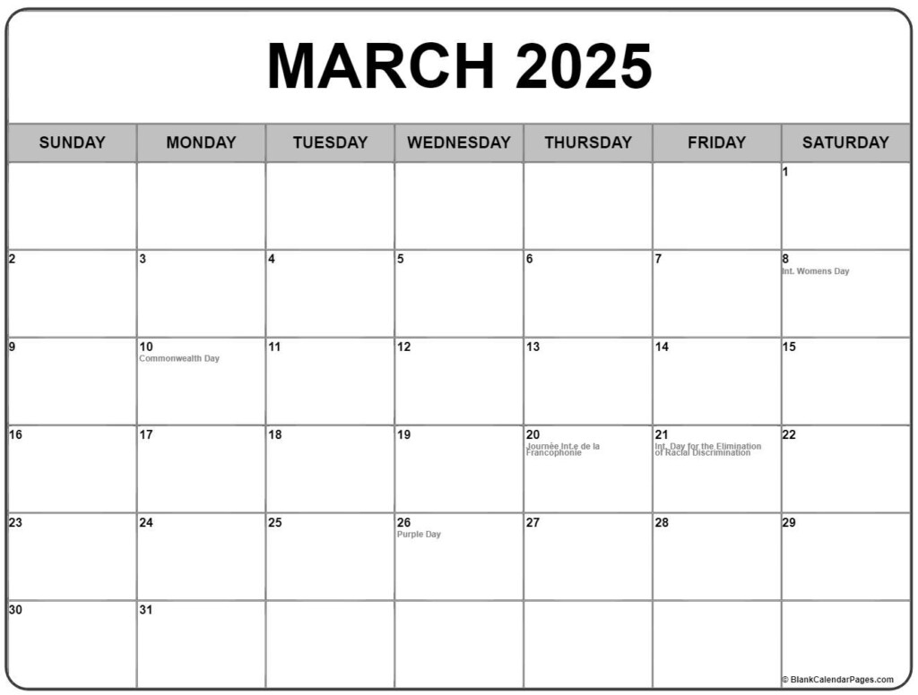 March 2025 With Holidays Calendar