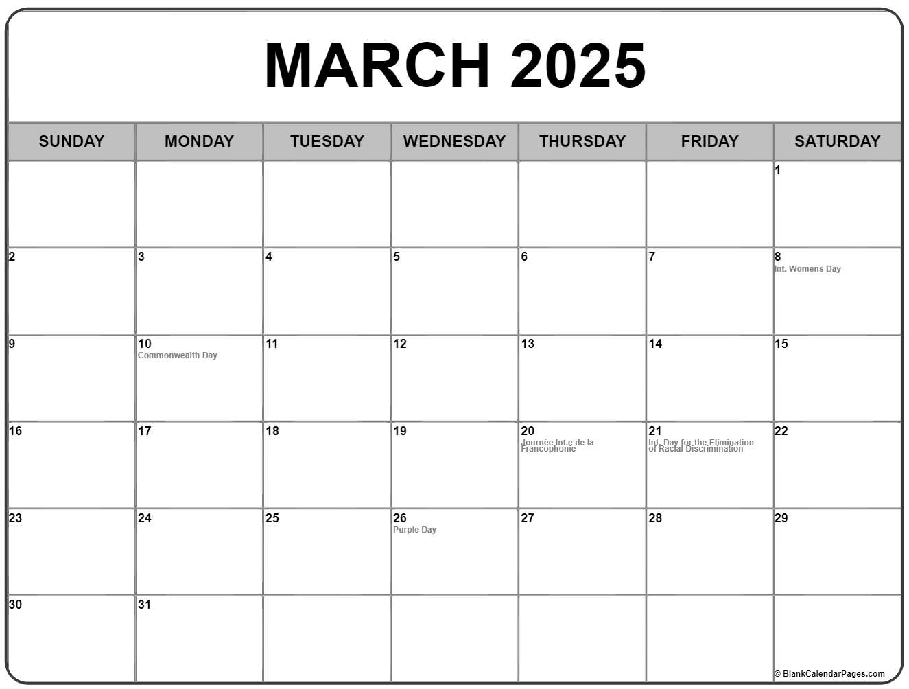 March 2025 With Holidays Calendar