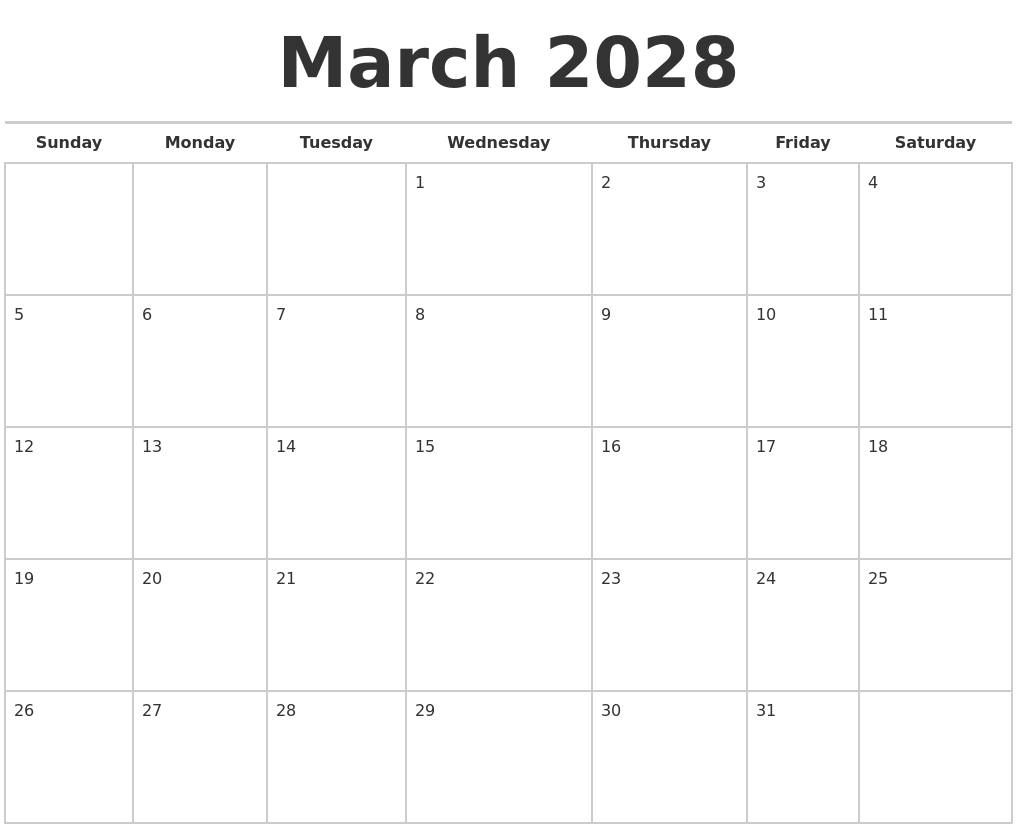 March 2028 Calendars Free