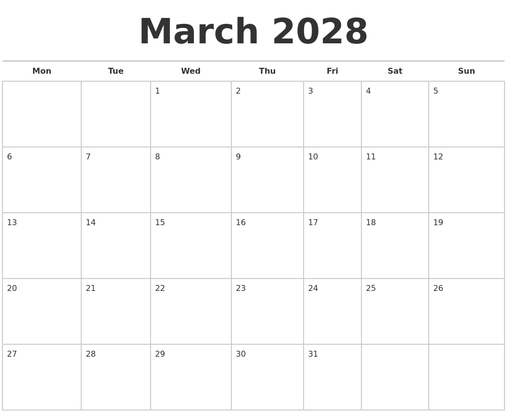 March 2028 Calendars Free