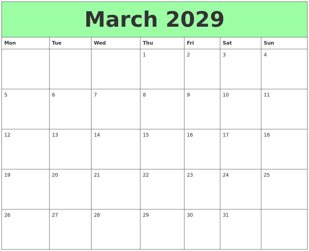 March 2029 Printable Calendars