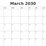 March 2030 Calendar For Printing