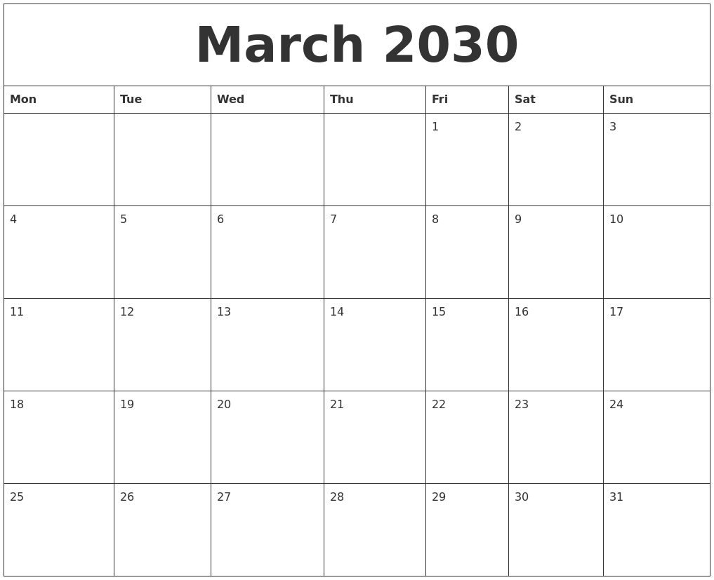 March 2030 Calendar For Printing