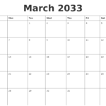 March 2033 Printable December Calendar