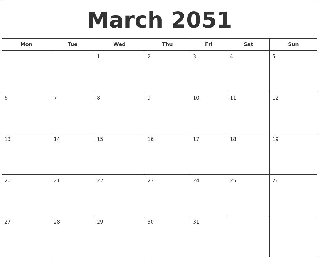 March 2051 Printable Calendar