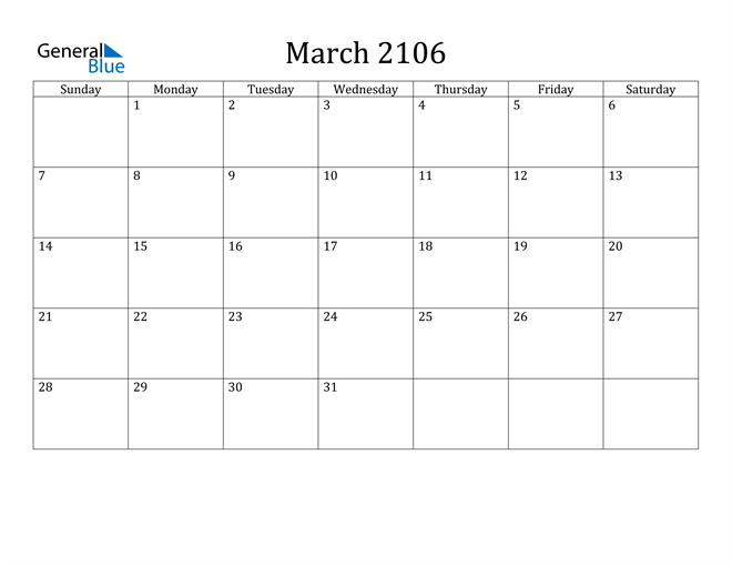 March 2106 Calendar PDF Word Excel